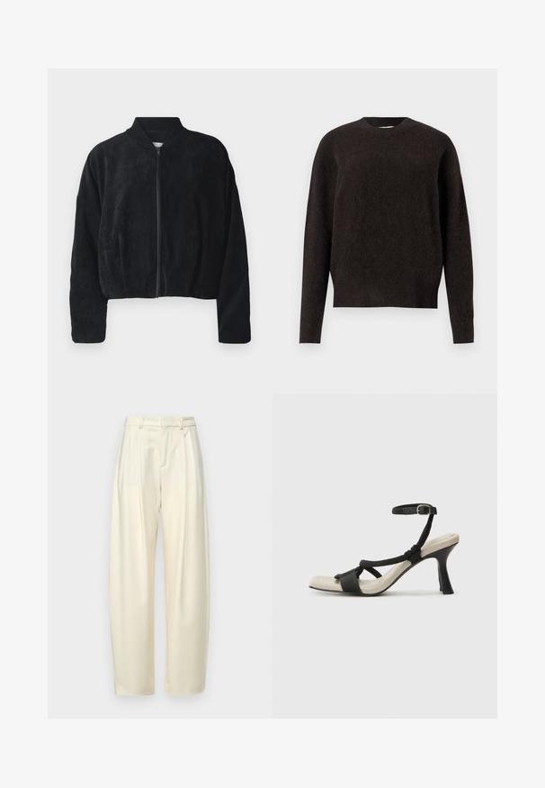 Jachetă bomber din fâș negru, cu fermoar frontal, guler ribbed și mâneci largi, având o suprafață texturată și un design scurt.; Samsøe Samsøe ANOUR - Pulover - black coffee; Pantaloni plisati, cu talie inalta, dintr-un material crem deschis. Prezintă o croială dreaptă și o textură netedă. Fără buzunare sau accesorii vizibile.; Sandal cu toc negru, cu design de curea împletită, vârf pătrat și curea de gleznă ajustabilă. Tălpică de un bej deschis și toc negru lucios.