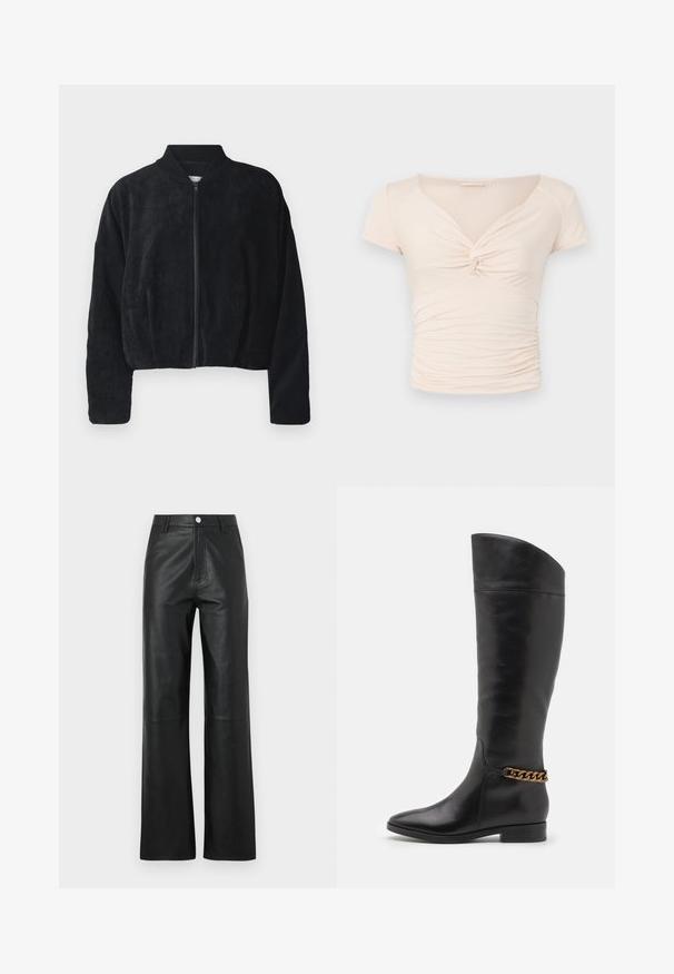 Black corduroy bomber jacket with a front zipper, ribbed collar, and wide sleeves, featuring a textured surface and cropped design.; Light beige short-sleeve top with a V-neck and twist detail at the front, featuring gathered texture along the sides for fitted design.; Black leather pants with a smooth texture, wide leg design, front button closure, and subtle stitching details.; Tall black leather boots with a sleek design, pointed toe, and a gold chain accent at the ankle. Low block heel. Smooth texture.
