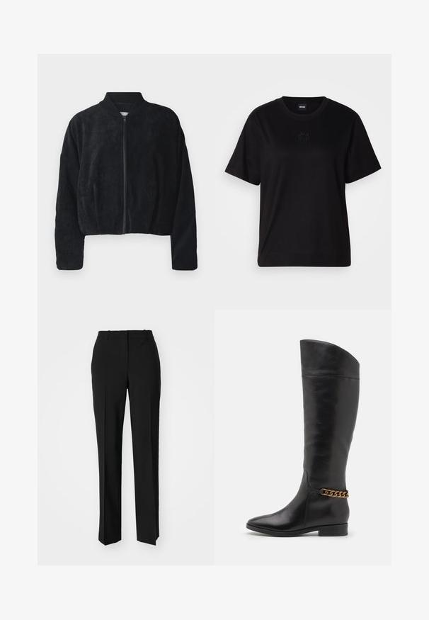 Černá kordurová bomber bunda s předním zipem, žebrovaným límcem a širokými rukávy, se strukturovaným povrchem a zkráceným designem.; Černé bavlněné tričko s kulatým výstřihem, krátkými rukávy a vyšitým logem na hrudi. Jednoduchý, volný střih bez vzorů.; Černé kalhoty na míru se střihem do rovna, které mají hladkou texturu a ostré sklady na přední straně. Bez viditelného kování.; Vysoké černé kožené boty s elegantním designem, špičatou špičkou a zlatým řetízkem na kotníku. Nízký blokový podpatek. Hladká textura.