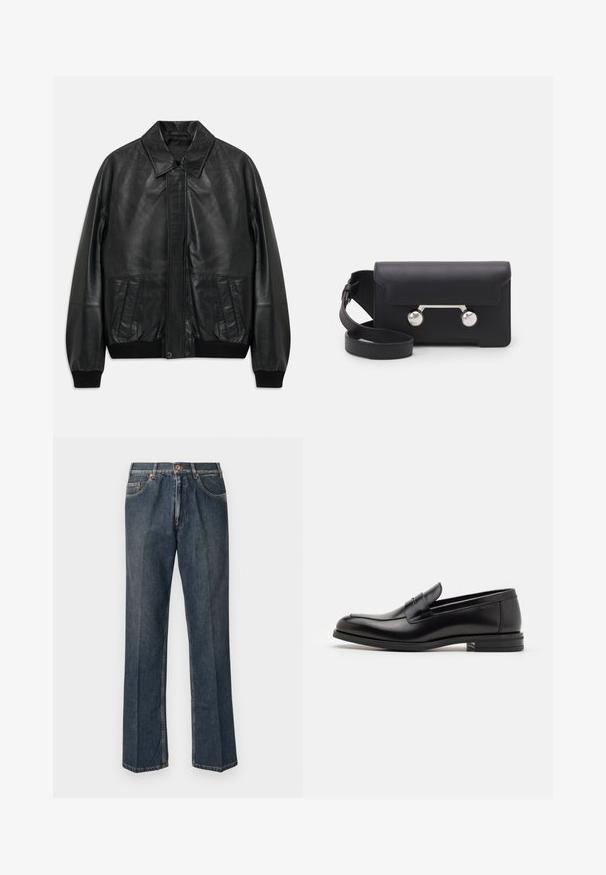 Black leather jacket with front pockets, ribbed cuffs, and waistband, featuring a pointed collar and concealed front closure.; Cream-colored knit sweater with a polo collar, ribbed cuffs, and hem, featuring a front placket and soft texture.; Navy blue short-sleeve T-shirt with white text "neanche per sogno" centered on the chest, crew neck, medium size.; Dark blue straight-leg denim jeans with front button, zip fly, double front pockets, and visible vertical creases down the legs.; Black leather loafers with a smooth texture, rounded toe, and a decorative strap across the vamp. Low stacked heel, minimalist design.; Black leather crossbody bag with a flap closure, silver-tone hardware, and two round accents. Features a detachable strap. Smooth texture.