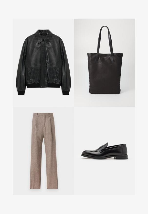 Mustan nahktagi esfronttaskut, ribides varrukad ja vöökoht, millel on terav krae ja varjatud eesmine sulgus.; Heledsinine pikkade varrukatega särk, millel on terav krae, mustad nupud ja ainulaadne lõige ees eristuva disaini jaoks.; Prunnid, kõrge vöökohaga püksid, mis on valmistatud tekstureeritud kangast. Omavad laiu jalgu ja kahte eesmist voldikut struktuuri jaoks. Korralik viimistlus, ilma nähtava riistvarata.; Mustad mustad nahast loafers sileda tekstuuriga, ümarat ninaosa ja dekoratiivne riba vampi üle. Madal kihiline konts, minimalistlik disain.; Mustmust kott mustade nahkade käepidemetega. Lihtne disain, avar keha ja sile tekstuur. Pole nähtavaid logosid ega mustreid.