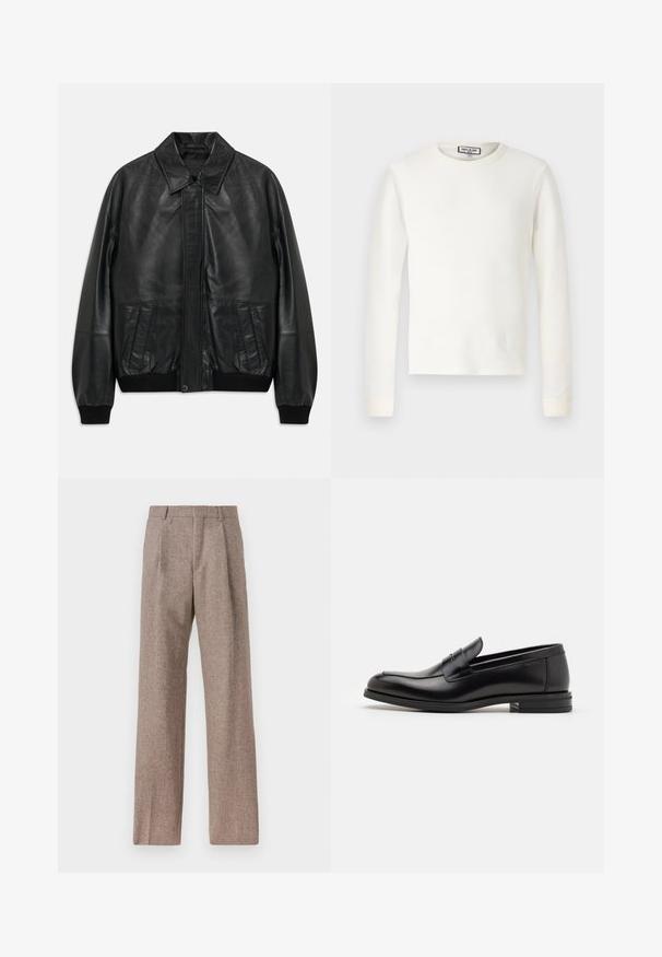 Mustan nahktagi esfronttaskut, ribides varrukad ja vöökoht, millel on terav krae ja varjatud eesmine sulgus.; Valge pika varrukaga termisärk, millel on ribakujuline tekstuur, ümar kaelus ja elastsed mansetid. Puhtad jooned, ilma mustrite ja lisadega.; Prunnid, kõrge vöökohaga püksid, mis on valmistatud tekstureeritud kangast. Omavad laiu jalgu ja kahte eesmist voldikut struktuuri jaoks. Korralik viimistlus, ilma nähtava riistvarata.; Mustad mustad nahast loafers sileda tekstuuriga, ümarat ninaosa ja dekoratiivne riba vampi üle. Madal kihiline konts, minimalistlik disain.