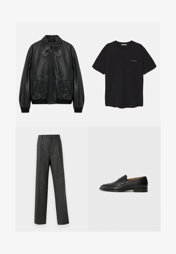 Črna usnjena jakna s sprednjimi žepi, rebrastimi manšeti in pasom, ki ima poudarjen ovratnik in skrito sprednjo zapiranje.; Črna bombažna majica s kratkimi rokavi in okroglim ovratnikom, z belim logotipom natisnjenim na levi prsni strani. Preprost, enobarven dizajn.; Sive krojene hlače iz teksturirane tkanine, ki imajo dva sprednja nabora in ravno kroj. Brez vidnih žepov ali okrasnih elementov.; Črne usnjene loferice z zaobljenim prstom, subtilnim šivanjem in nizkim petam, ki se odlikujejo po gladki teksturi in minimalističnem oblikovanju.
