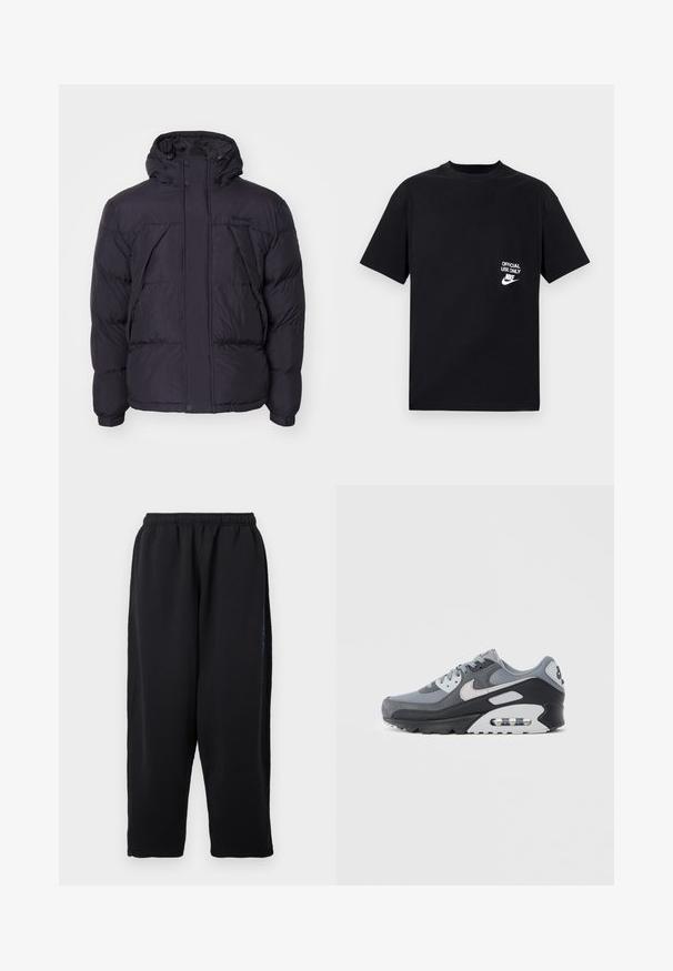 Black puffer jacket with a hood, featuring a slightly shiny texture, quilted design, and front buttons. Timberland logo on the chest.; Black cotton t-shirt with short sleeves, round neckline, featuring white text “OFFICIAL USE ONLY” and Nike logo on the left chest.; Black sweatpants made of soft fabric, featuring an elastic waistband, wide legs, and side pockets with subtle blue accents.; Gray sneaker featuring a mix of mesh and suede materials, with a black sole and visible air unit. Notable light gray accents and laces.