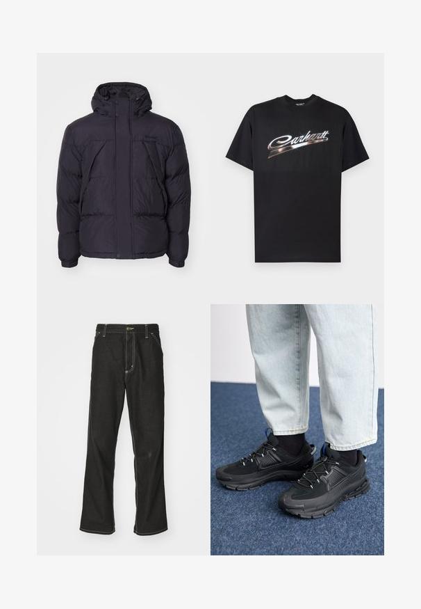 Casaco acolchoado preto com capuz, apresentando uma textura ligeiramente brilhante, design acolchoado e botões frontais. Logótipo da Timberland no peito.; Camiseta preta de algodão com logótipo "Carhartt" em letras prateadas estilizadas e brilhantes no peito, mangas curtas e gola redonda.; Calças de ganga pretas de corte largo, com costuras brancas em contraste, fecho de botão e design de perna reta.; Sapatilhas desportivas pretas com tecido texturizado e solas em borracha, apresentando atacadores elásticos e um detalhe azul no calcanhar. Usadas com calças de ganga claras.