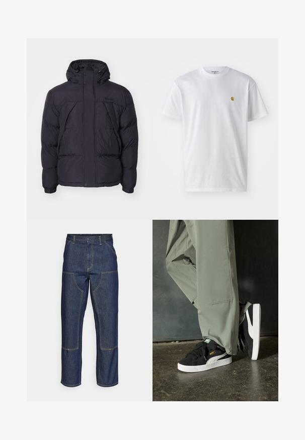 Črna puhovka s kapuco, ki ima rahlo sijočo teksturo, prešito zasnovo in sprednje gumbke. Timberland logotip na prsih.; Bela bombažna majica s kratkimi rokavi, krožnim ovratnikom, z majhnim zlatim logotipom na levem prsnem predelu. Mehka tekstura in običajen kroj.; Temno modri kavbojke z visokim pasom, ravnim krojem, kontrastnim šivom in žepekami na sprednji strani.; Črne semšaste športne copate z belimi gumijastimi podplati in stranskimi črtami, v kombinaciji s svetlo zelenimi cargo hlačami, ki stojijo na teksturirani temni površini.