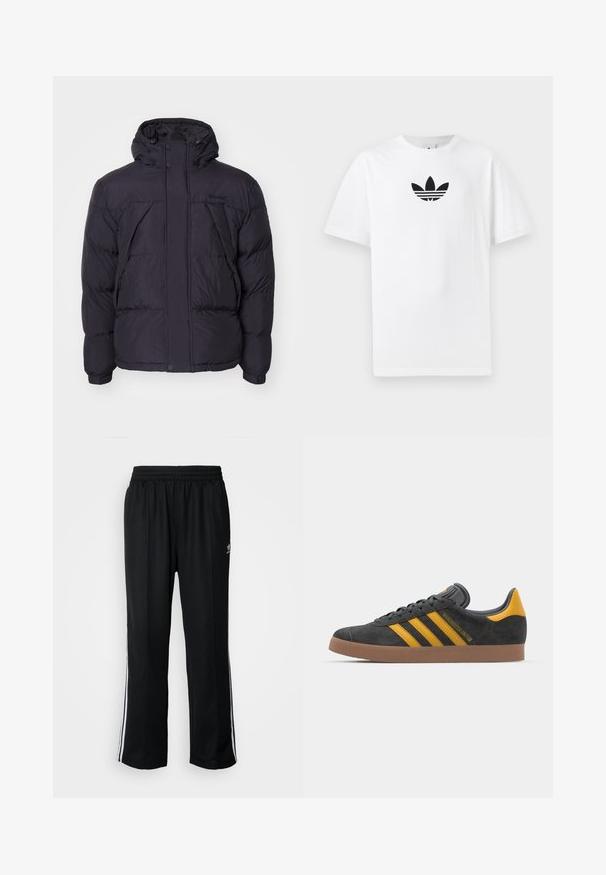 Crna puf jakna s kapuljačom, s lagano sjajnom teksturom, kviltanim dizajnom i prednjim gumbima. Timberland logo na prsima.; Bijela pamučna majica s crnim Adidas logom u centru. Kratki rukavi i dizajn s okruglim izrezom. Glatka tekstura.; Crne sportske hlače s elastičnom trakom oko struka, s bijelim bočnim prugama i malim logotipom. Materijal izgleda mekan i lagan.; Crne nubuk tenisice s žutim detaljima, sa tri pruge i smešnim gumenim potplatom. Imaju jastučić na jeziku za udobnost.
