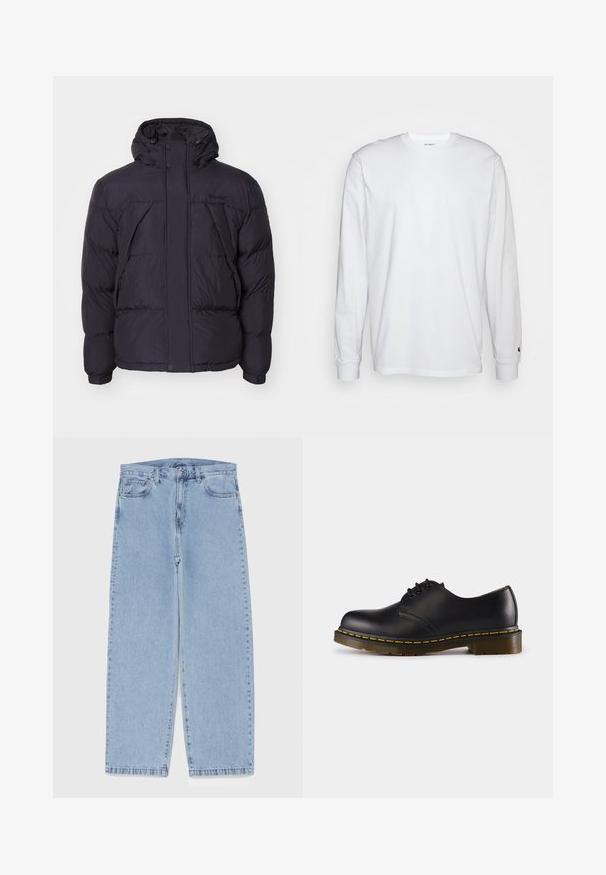 Czarna kurtka puchowa z kapturem, o lekko błyszczącej fakturze, pikowanym wzorze i guzikach z przodu. Logo Timberland na klatce piersiowej.; Biała, długospełna koszulka wykonana z bawełny. Klasyczny krój z okrągłym dekoltem, ściągaczami na rękawach oraz małym logiem na lewym rękawie. Gładka tekstura.; Jasnoniebieskie dżinsy o prostym kroju nogawki, z średnim stanem, pięcioma kieszeniami oraz zapięciem na guzik i zamek błyskawiczny.; Czarna skórzana półbut z okrągłym noskiem, wiązany, z żółtym przeszyciem wzdłuż podeszwy i masywną, teksturowaną gumową podeszwą.
