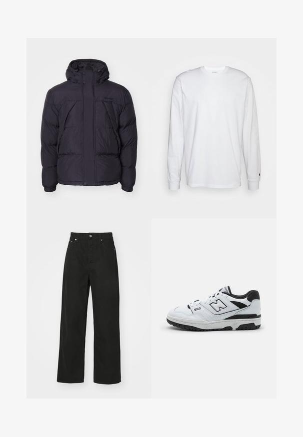 Chaqueta de abrigo negra con capucha, con una textura ligeramente brillante, diseño acolchado y botones en la parte frontal. Logotipo de Timberland en el pecho.; Camiseta blanca de manga larga hecha de algodón. Diseño de cuello redondo con puños acanalados y un pequeño logo en la manga izquierda. Textura suave.; Pantalones de mezclilla negra con un diseño de pierna recta, que cuentan con cinco bolsillos, cierre de botón y una cintura clásica. Textura suave.; Zapatilla baja blanca con acentos negros, parte superior de cuero y malla, detalles perforados, cuello acolchado y suela de goma gruesa. Modelo 550.