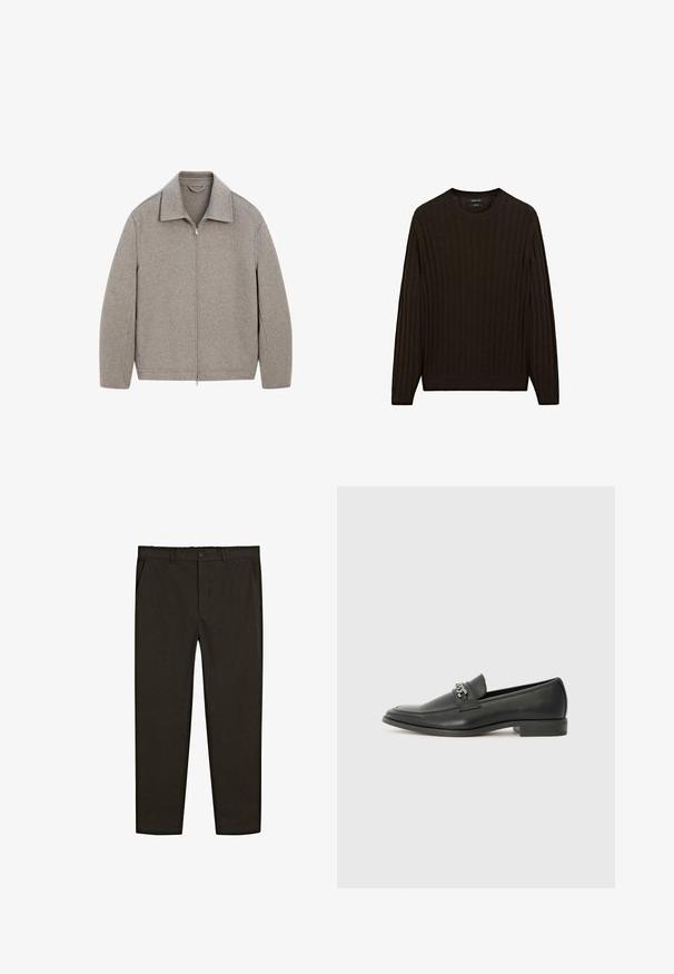 Hellgraue Zip-Jacke mit Stehkragen, aus weichem Stoff, mit geradem Schnitt und minimalen Nähten.; Brauner gerippter Pullover mit langen Ärmeln und rundem Ausschnitt. Verfügt über einen strukturierten Stoff und eine figurbetonte Passform an der Taille und den Bündchen.; Dunkelbraune, gewebte Stoffhose mit geradem Bein, vorderen Taschen und einem Knopfverschluss an der Taille. Glatte Textur.; Schwarzer Lederloafer mit glatter Oberfläche, ausgestattet mit einer gesteppten Gestaltung und einem dekorativen Metallkettendetail über dem Vorderblatt. Flacher Absatz.