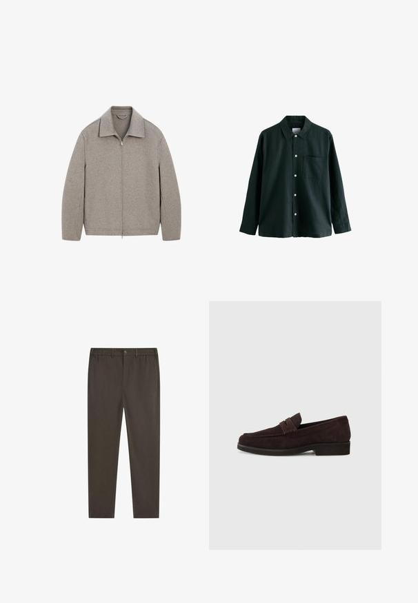 Lichtgrijze zip-up jas met een mandarin kraag, gemaakt van zachte stof, met een rechte snit en minimale stikdetails.; Donkergroene overhemden met kraag, lange mouwen en een enkele borstzak; heeft witte knopen en een zachte textuur.; Donkerbruine broek met recht model, elastische tailleband, knoopsluiting aan de voorkant en steekzakken aan de zijkant. Soepele stoftextuur.; Bruine suède loafers met een lage profiel en ronde neus. Heeft een decoratieve band over de bovenkant, een platte rubberen zool en geen zichtbare stiksels.
