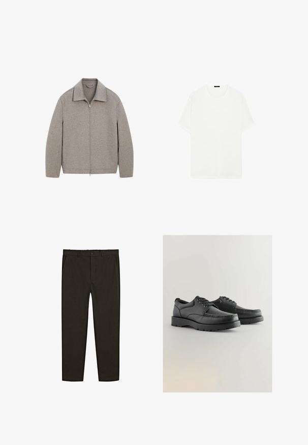 Hellgraue Zip-Jacke mit Stehkragen, aus weichem Stoff, mit geradem Schnitt und minimalen Nähten.; Weißes T-Shirt mit kurzen Ärmeln aus weichem Stoff. Es hat einen klassischen Rundhalsausschnitt und eine gerade Schnittführung, ohne sichtbare Muster oder Akzente.; Dunkelbraune, gewebte Stoffhose mit geradem Bein, vorderen Taschen und einem Knopfverschluss an der Taille. Glatte Textur.; Schwarze Lederschuhe mit strukturiertem Obermaterial, runder Spitze, Schnürdesign und dicken Gummisohlen mit einem Profil.
