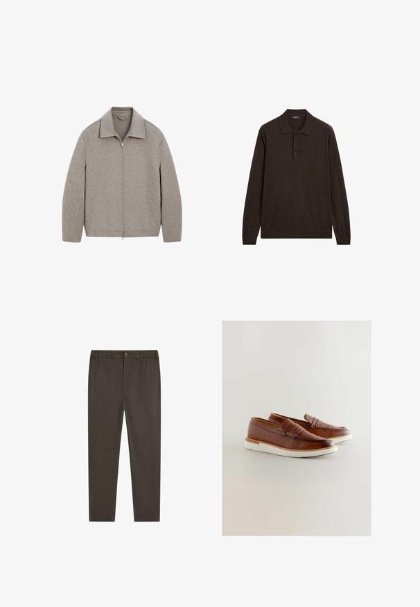 Ljust grå zip-up-jacka med ståkrage, tillverkad av mjukt tyg, med rak passform och minimal sömdetalj.; Mörkbrun långärmad polo med tre knappar och klassisk krage, visad på en vit bakgrund.; Mörkbruna byxor med rak benform, resår i midjan, knäppning framtill och sidofickor. Slät tygstruktur.; Bruna läderloafers med en vit gummisula, med en vävd detalj över framsidan och en låg design för enkel på-och-avtagning.