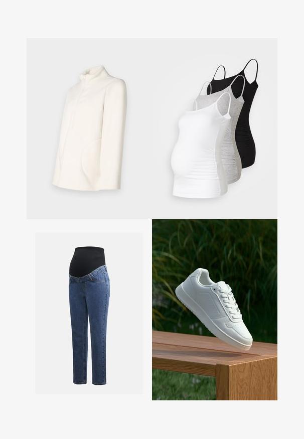 Φόρμα από λευκή φλις ύφανση με μακριά μανίκια, ψηλό γιακά, μπροστινό μισό φερμουάρ και στρογγυλές πλαϊνές τσέπες, σε απλό φόντο.; Τρία τανκ τοπ εγκυμοσύνης σε λευκό, γκρι και μαύρο. Ελαστικό ύφασμα με ρυθμιζόμενους ιμάντες πλάτης και συγκεντρωμένες ραφές στην πλευρά για περισσότερη άνεση.; Μητρότητας τζιν με μπλε τζιν πόδια και μαύρη ελαστική κοιλιακή επιφάνεια σχεδιασμένη να στηρίζει και να καλύπτει μια αυξανόμενη κοιλιά.; Λευκό αθλητικό παπούτσι με λείο συνθετικό επάνω μέρος, περforατισμένη μύτη, επίπεδα κορδόνια και υφασμένη σόλα, εκτεθειμένο σε ξύλινη επιφάνεια.