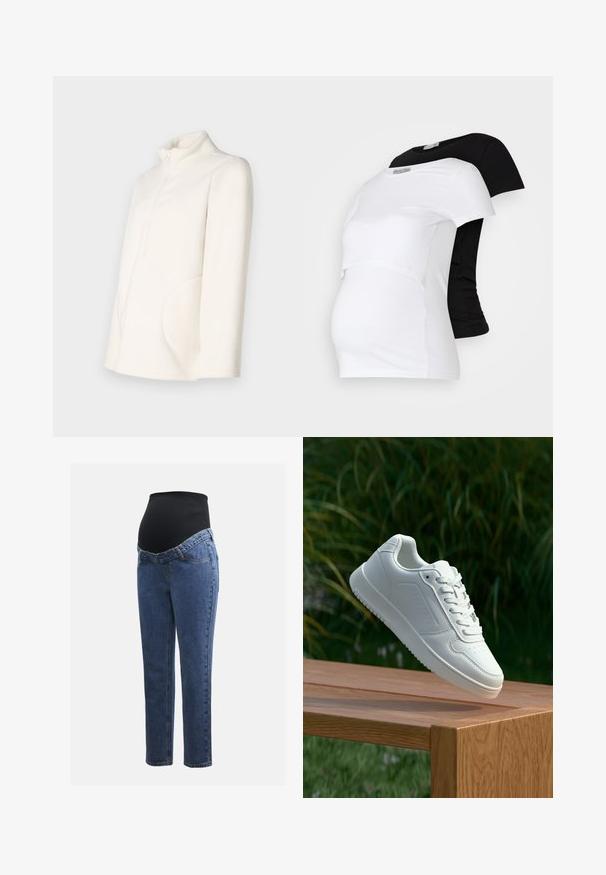 Giacca in pile color avorio con maniche lunghe, colletto alto, zip frontale a metà e tasche laterali arrotondate su uno sfondo semplice.; T-shirt da maternità in bianco e nero, maniche corte, in morbido cotone, con un design a strati e una sezione arricciata per un pancione in crescita.; Jeans premaman con gambe in denim blu e un pannello addominale elastico nero progettato per sostenere e coprire una pancia in crescita.; Sneaker bianco con tomaia in sintetico liscio, punta perforata, lacci piatti e suola testurizzata, esposto su una superficie di legno.