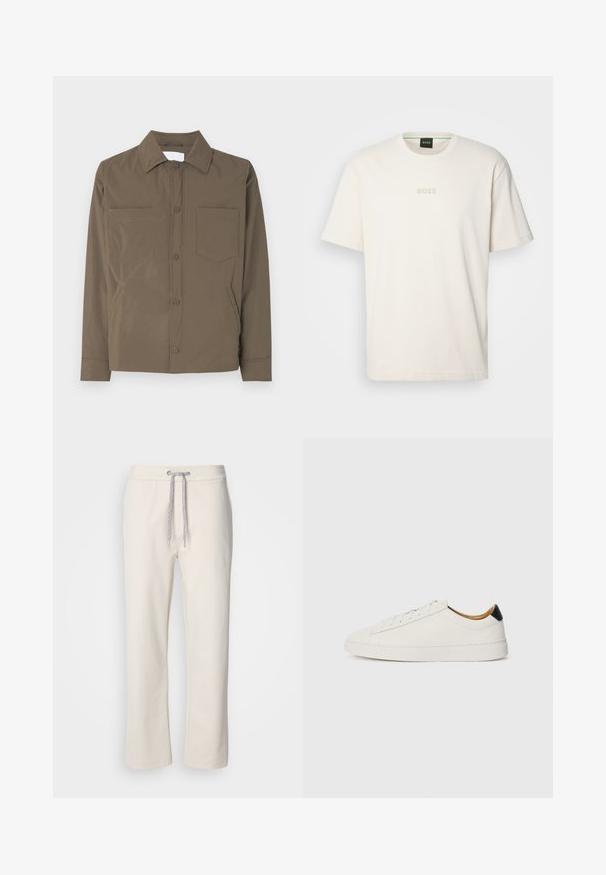 Brown button-up jacket made of lightweight, smooth fabric. Features two front pockets and a collar. No visible patterns or accents.; BOSS TEE - Basic T-shirt - open white; Cream-colored casual pants with a drawstring waist and straight legs, displayed against a plain white background.; White sneaker with a smooth leather upper, round toe, and flat sole. Black accent at the heel, featuring tonal laces and minimal branding.