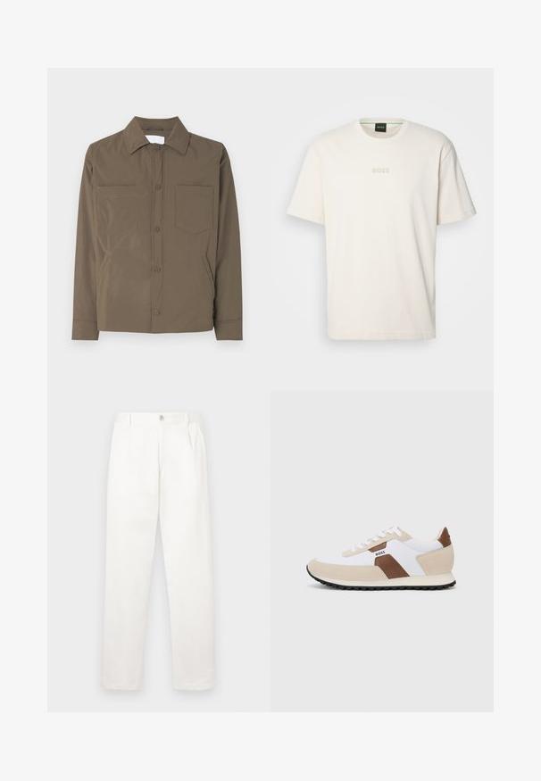 Pruun nööbitag made of kerge, sileda materjali. Omab kahte eesmist taskut ja kraed. Ei sisaldan nähtavaid mustreid ega aksessuaare.; BOSS TEE - Lihtne T-särk - open white; Valged püksid, mis on valmistatud siledast kangast, sirge jala disainiga, ees olevate voldidega ja ühekordse nupuga vöökohtadel.; Tennised, millel on segu valgest võrkkangast ja beežist seemisnahast, pruun nahkaktsent. Ümar varvas, lame kummitald ja sidumisdisain.