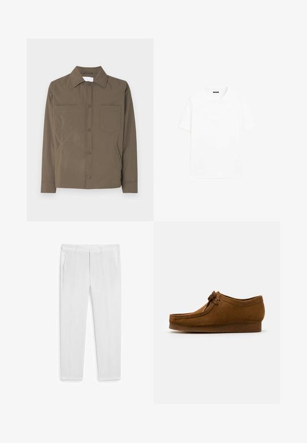 Brun knappet jakke lavet af let, glat stof. Har to forlommer og krave. Ingen synlige mønstre eller accenter.; Hvid bomulds t-shirt med korte ærmer, rund halsudskæring og lige pasform. Glat tekstur uden synlige mønstre eller detaljer.; Hvide linnedbukser med lige skæring, der har to forlommer og en knaplukning. Glat tekstur, ingen synlige mønstre eller accenter.; Brune ruskind sko med rund tå og lav hæl, detaljeret syning langs sømmene og snørelukning fortil. Blød tekstur med strømlinet design.