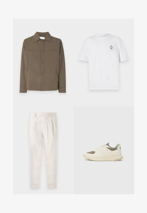 Rudas mygtukinis švarkas, pagamintas iš lengvos, lygaus audinio. Yra dvi priekinės kišenės ir paroša. Nėra matomų raštų ar akcentų.; Balta medvilninė marškinė su laisvu siluetu, su mažą juodą grafiką logotipą kairėje krūtinės pusėje. Trumpomis rankovėmis, apvaliu kaklu.; Balti, susiūtos kelnes, turinčios pritaikytą siluetą, pasižyminčias lygia tekstūra, dirželio kilpomis ir siaurėjančiomis kojomis. Nėra matomų kišenių ar raštų.; Baltas ir šviesiai bežinis sportinis kedas, su tinklo viršumi, perforuotais detalėmis ir tekstūruotu tarpine su logotipu ant kulno.