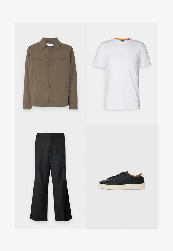 Chaqueta marrón de botonadura con tela ligera y suave. Presenta dos bolsillos frontales y un cuello. Sin patrones ni acentos visibles.; Camiseta de algodón blanca con cuello redondo, mangas cortas y un sutil logo en relieve en el pecho. La etiqueta interior tiene un acento naranja.; Pantalones anchos negros con cintura abotonada y dobladillos con puños, exhibidos sobre un fondo blanco liso.; Zapatillas negras de cuero con una textura suave, suela de goma beige, diseño de cordones y un acento en el talón de color contrastante.
