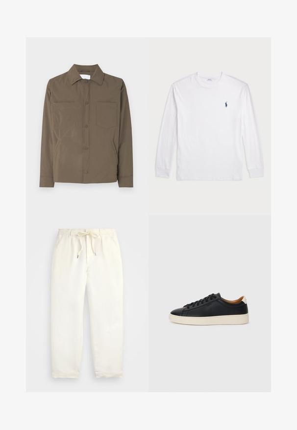 Brun knapp-up jacka i lätt och slät tyg. Har två framfickor och en krage. Inga synliga mönster eller detaljer.; Vit långärmad T-shirt tillverkad av bomull. Har en rund halsringning, ribbade ärmslut och en liten marinblå polo-logotyp på vänster bröst.; Ljus krämfärgade, avslappnade byxor i mjukt tyg. Har elastisk midja med dragsko och smalnande bendesign.; Svarta lädersneakers med en slät yta, beige gummisula, snörning och en kontrasterande hälackcent.