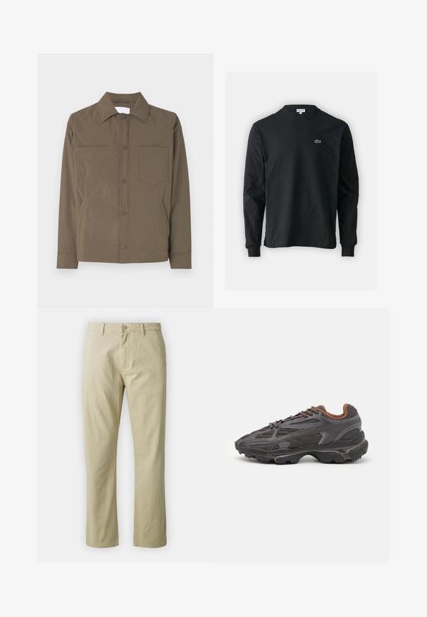 Giacca marrone a bottoni realizzata in un tessuto morbido e leggero. Presenta due tasche frontali e un colletto. Nessun motivo o accento visibile.; T-shirt a maniche lunghe nera in cotone, con scollatura rotonda e un piccolo logo di coccodrillo ricamato in verde sul lato sinistro del petto.; Pantaloni in cotone beige dal design a gamba dritta, con chiusura frontale a bottone e passanti per cintura. Tessuto liscio, senza motivi o dettagli visibili.; Sneaker Lacoste grigie scure in materiale mesh e sintetico, con suola testurizzata e dettagli marroni sul colletto e sul branding.