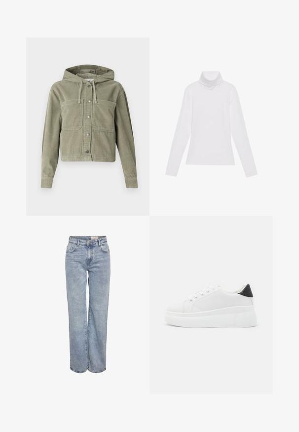 Još jednom jakna od maslinaste kord velike s kapuljačom, koja ima dugmad, dva džepa na prsima i rebrastu teksturu. Skraćeni, uski kroj.; Bijela majica dugih rukava s rolificom izrađena od glatkog, rastezljivog materijala. Ima visoki ovratnik i uski kroj, bez vidljivih uzoraka ili ukrasa.; Svijetloplave široke traperice napravljene od denima, s visokim strukom, dizajnom od pet džepova i suptilnim izbljeđivanjem za izgled nošenih traperica.; Bijele platforme tenisice napravljene od glatkog sintetičkog materijala, s okruglim vrhom, dizajnom s vezanjem i teksturiranom gumenom potplatom. Crni detalj na peti.