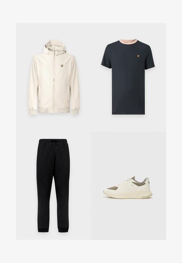 Lysebeige hættejakke lavet af glat stof. Har en lynlås foran, sidelommer, ribstrikkede manchetter og et lille broderet logo på brystet.; Mørkeblå T-shirt med korte ærmer, kontrasterende lyserød ribbet krave og et lille guldemblem på brystet. Blødt bomuldsstof.; Sorte joggebukser lavet af blødt stof, med elastisk talje, justerbar snøre og tætsiddende грæns ved anklerne.; Hvide og lyse beige sportssko med en mesh-overdel, perforerede detaljer og en tekstureret mellemsål med branding på hælen.