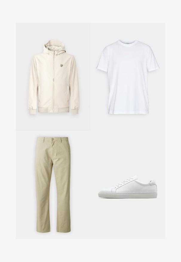 Lysebeige hættejakke lavet af glat stof. Har en lynlås foran, sidelommer, ribstrikkede manchetter og et lille broderet logo på brystet.; Hvid bomulds t-shirt med korte ærmer, rund crew halsudskæring og afslappet pasform. Har et minimalistisk design uden mønstre eller accenter.; Beige bomuldsbukser med lige ben-design, frontlukning med knap og bæltestropper. Glat tekstur, ingen synlige mønstre eller accenter.; Hvide sneakers med en glat læderoverdel og lav profil. Har en rund tå, seks snørehuller og en tekstureret gummisål.
