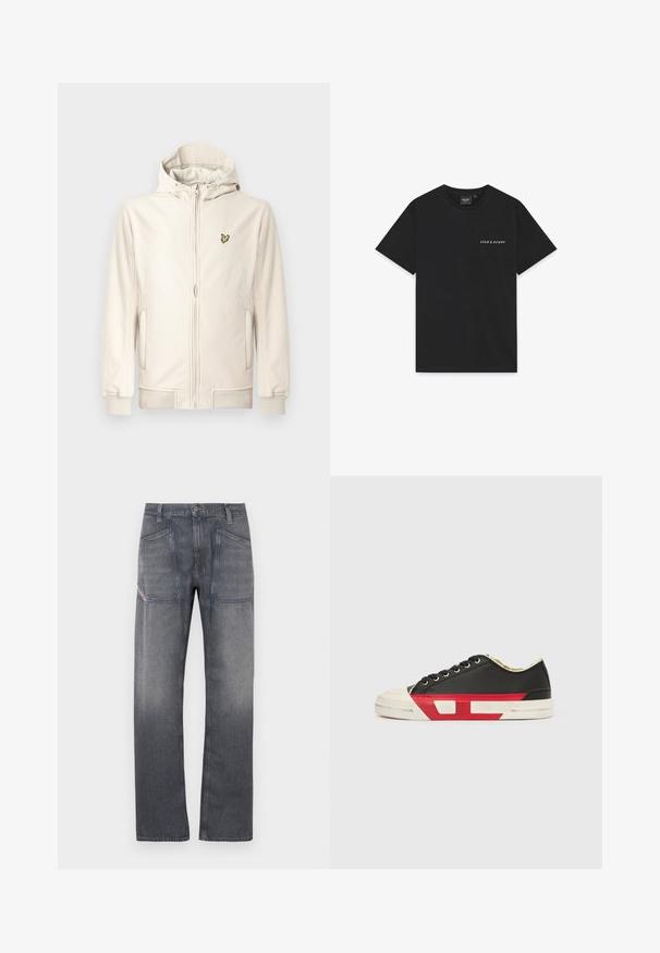 Világos bézs színű kapucnis dzseki sima anyagból. Elöl cipzáras, oldalzsebes, bordázott mandzsettákkal és egy kis hímzett logóval a mellrészen.; Fekete pamut póló rövid ujjakkal, kerek nyakkal, és egy kis fehér "Lyle & Scott" logóval a mellkason. Puha tapintású.; Szürke farmernadrág egyenes szárú szabással. Két első zseb található rajta, amelyek kontrasztos varrással díszítettek, valamint egy fém gombos rögzítésű derékrész.; Fekete vászon tornacipő piros díszítéssel, gumitalppal és fehér talppal. Fekete fűzőkkel és oldalán texturált mintával.