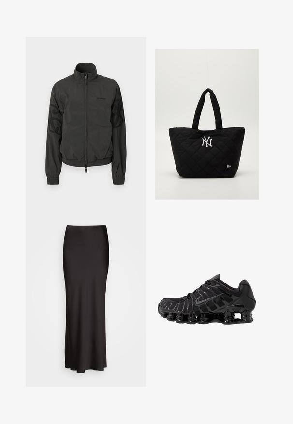 Melnā vieglā jakā ar stāvošo apkakli, rāvējslēdzēja priekšpusi, elastīgām piedurknēm un dekoratīvu izšuvumu uz piedurknēm. Gluda auduma tekstūra.; Melnā garo piedurkņu blūze, kas izgatavota no gludas auduma, ar laivu formas kakla izgriezumu, īsu garumu un sānu detaļu ar sudraba pogām.; Melna, grīdas garuma satīna svārki ar gludu tekstūru, pieguļošu jostasvīru un A formas siluetu, bez redzamām rotājumiem vai rakstiem.; Melnas sporta kurpes ar sietveida augšdaļu un spīdīgām virsmas daļām. Iezīmēta ar izliekta spirāla spilvenu un teksturētām līnijām sānos. Redzams Nike logo.; Quiltota melna soma ar divām rokturiem, kurai ir balts Ņujorkas Jankiju logo un neliela zīmola emblēma sānos.