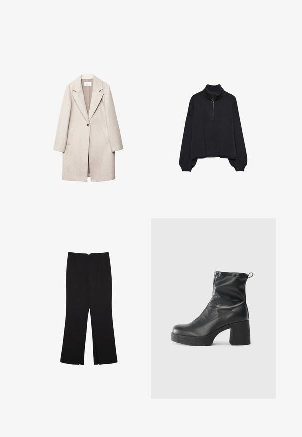 Manteau en laine beige clair avec un col cranté, une fermeture à un bouton, deux poches avant et une coupe décontractée. Fini en tissu texturé.; Pull à col roulé noir avec un zip demi-longueur à l'avant, manches surdimensionnées et texture douce. Il présente un col et un ourlet côtelés. Design minimaliste.; Pantalon noir avec une coupe droite, doté de poches avant et d'éclairs sur l'ourlet. Fabriqué en tissu doux et lisse. Convient à diverses occasions.; Bottes noires à la cheville en cuir lisse, dotées d'une fermeture éclair sur le côté, d'un talon épais texturé et d'une conception à bout rond.