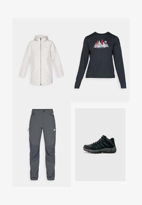 Jack Wolfskin DAKAR - Regenjacke / wasserabweisende Jacke - sea shell; Dunkelgraues Langarmshirt mit einem Grafikdesign von roten Bäumen und Bergen; das "COLUMBIA"-Logo in fett weißer Schrift. Weicher Stoff, klassischer Rundhalsausschnitt.; Dunkelgraue Outdoor-Hosen mit verstärkten Kniebereichen, seitlichen und vorderen Taschen mit Reißverschluss, Knopfverschluss und dem The North Face-Logo auf dem Oberschenkel.; Columbia REDMOND - Hikingschuh - black/citron haze