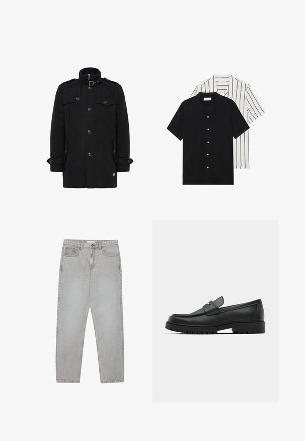 Musta villakotelo, jossa on korkea kaulus, etuvetoketju, kaksinkertaiset napit, sivutaskut ja olkaimilla. Silkkinen rakenne.; Kaksi lyhythihaista puseroa: yksi yhtenäinen musta, toinen valkoinen mustilla pystyraitoilla. Molemmissa on napitus ja klassinen kaulus.; Vaaleanharmaat farkut, joissa on suora lahje, viisi taskua ja nappisulku. Saumojen varrella näkyvä ompelu.; Musta nahkaloafers, joissa on pyöreä kärki, ommeltu pinta, matala alusta ja kuvioitu, kuminen ulkopohja.