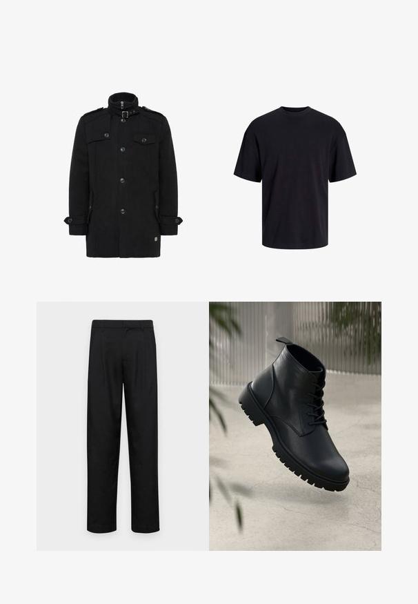 Zwarte wollen jas met een hoge kraag, voorrits, dubbelknopen, zijzakken en epauletten op de schouders. Gladde textuur.; Zwarte katoenen t-shirt met een ronde halslijn, korte mouwen en een relaxte pasvorm. Glad textuur en geen zichtbare patronen of accenten.; Zwarte broeken van gladde stof, met een recht model, twee voorknikken en een standaard tailleband met riemlussen.; Zwarte leren enkelboots met een ronde neus, vetersluiting en robuuste rubberen zool. Gladde textuur met een bevestigingslus aan de achterkant.