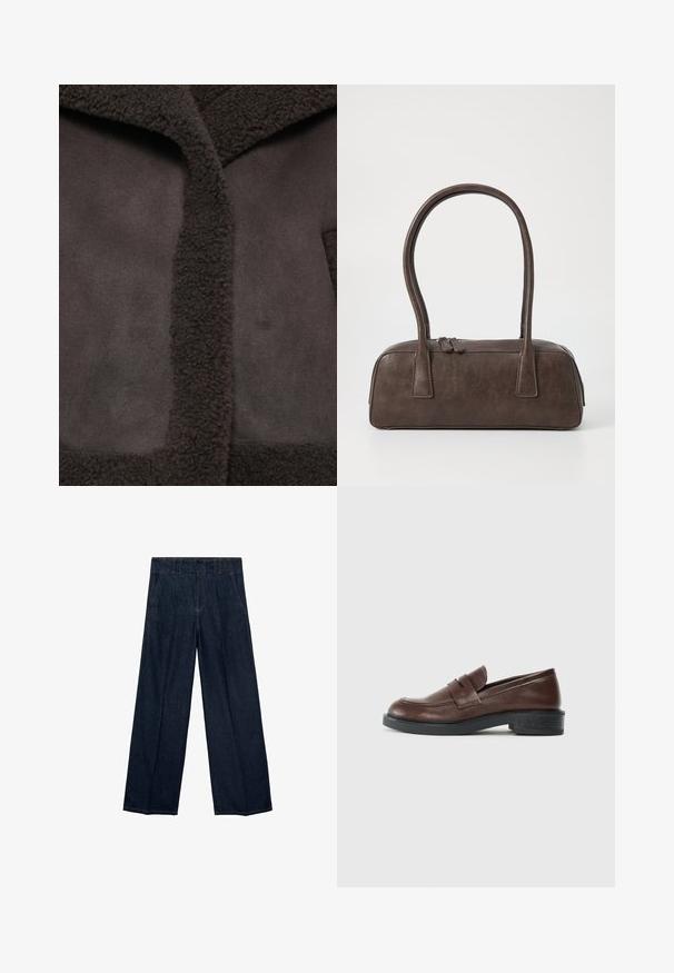 Hnedá bunda s textúrovaným, chlpatým golierom a hladkým materiálom. Dizajn zahŕňa stredný otvor a minimalistickú estetiku.; Čierny rolák s dlhým rukávom, vyrobený z rebrovanej tkaniny, má priliehavý strih s vysokým golierom a bez vzorov alebo akcentov.; Námornícka modrá široká dvojica džínsov s vysokým pásom, záhybmi a tradičným dizajnom s piatimi vreckami, vyrobená z denimu so subtílnymi švovými detailmi.; Hnedé kožené loafers s okrúhlou špičkou, s dekoračným remienkom cez vrchnú časť, a nízkym, textúrovaným čiernym gumovým podpätkom.; Hnedá kožená kabelka s dvoma pevným uchami, obdĺžnikovým tvarom, hladkým povrchom a zipsovým uzáverom. Minimalistický dizajn bez viditeľných vzorov.