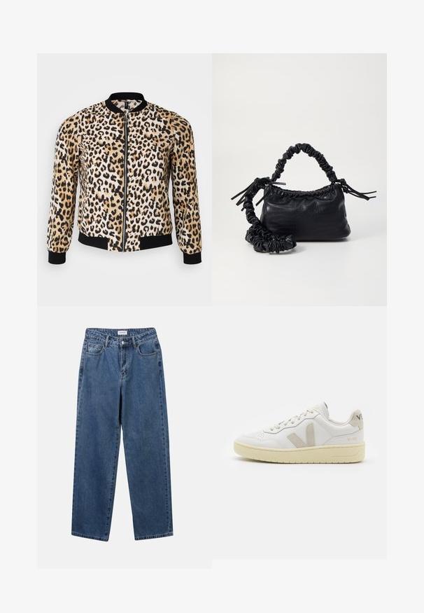 Leopardimustriga bomberjakk tan, must ja kreem, ees tõmblukuga, soonikkrae ja -taskutega. Pehme kangas sileda tekstuuriga.; Roheline ja valge triibuline kampsun, mis on jalakate ja laiemate varrukatega, ning ääred on soonikuga. Valmistatud pehmest ja tekstuuritud kootud materjalist.; Klassikalised sinised denimists teksad otsejalaga disainiga, viie taskuga ja nööbisuletusega. Omab keskmist pesu ja tugevat tekstuuri.; Valge nahast tenniseking, millel on beežist siidist aktsent ja aukudega varvas, lame paelad ja tekstureeritud koorevärvi tallad. Omab nüansirikast brändimist kannal.; Must must sünteetilisest nahast käekott, millel on krokodillimuster, kokku tõmmatav ülaosa ja kortsus rihm. Tundub pehme ja kompaktne disain.