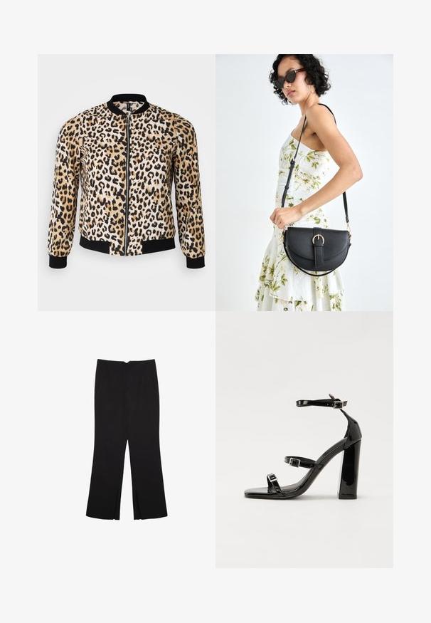 Leopard print bomber jacket in tan, black, and cream with a zip front, ribbed cuffs, and hem. Soft fabric with a smooth texture.; Plain short-sleeve black cotton T-shirt with crew neck, displayed on a white background.; Black trousers with a straight fit, featuring front pockets and side slits at the hem. Made of soft, smooth fabric. Suitable for various occasions.; Black patent heeled sandals with a square toe, ankle straps, and silver buckles. Features a chunky block heel for stability.; Black leather handbag with a curved shape, detachable strap, and gold hardware. The bag features a flap with a buckle detail.