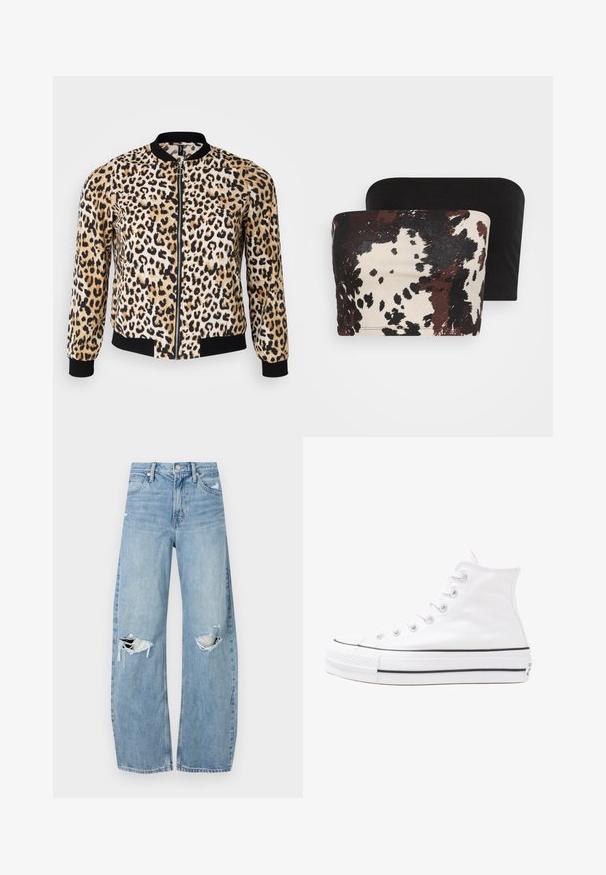 Tigrinės spalvos bomber stiliaus striukė, pagaminta smėlio, juodos ir grietinėlės spalvų, su užtrauktuku priekyje, su gumos rankovėmis ir apatine juosta. Minkšti audiniai su švelnia tekstūra.; Du divertis, be rankovių: vienas su rudai-kremine abstrakčia gyvūnų raštu, kitas – visiškai juodas. Abu pagaminti iš minkštos medžiagos.; Šviesiai mėlynos, aukštu juosmeniu džinsai pagaminti iš džinsinio audinio. Turi plačias kojų kelnes, dvi suplėšytas kelio vietas ir klasikinį penkių kišenių dizainą.; Balti aukštakulniai drobės sportbačiai su juodu guminio pado, priekinio guminio piršto dangteliu ir šešiais akytėmis raištams, pasižymintys švariu, minimalistiniu dizainu.