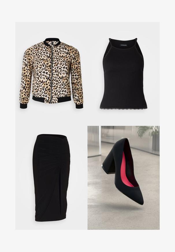 Leopardmønstret bomberjakke i tan, sort og creme med lynlås foran, ribbede manchetter og kant. Blødt stof med en glat tekstur.; Sort ribbet tanktop med bølget blondekant forneden. Har tynde stropper og en tætsiddende pasform. Fremstillet af strækbart materiale.; Sort, rynket blyantskørt med bindebånd og en sidelæg. Fremstillet af et strækbart stof, der har en glat overflade og en tætsiddende pasform.; Sort højhælet sko med spids tå, struktureret overflade og et livligt pink interiør. Har en kraftig hæl med sølvdetaljer.