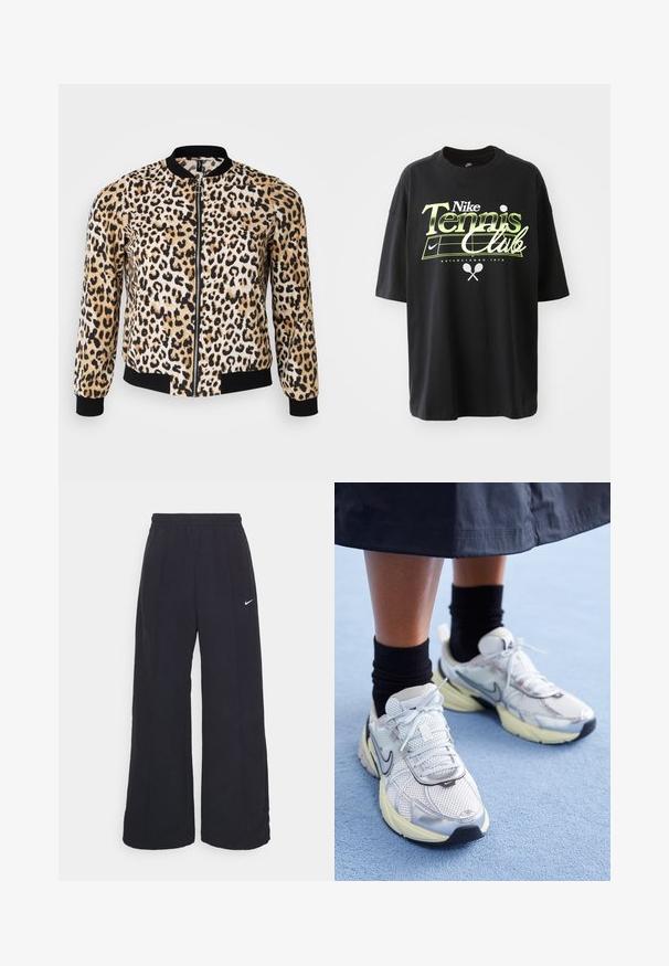 Bomberjacke mit Leopardenmuster in Beige, Schwarz und Creme mit Reißverschluss vorne, gerippten Bündchen und Saum. Weicher Stoff mit glatter Textur.; Schwarzes Baumwoll-T-Shirt mit kurzen Ärmeln, das ein grünes und weißes "Nike Tennis Club"-Grafikdesign sowie Illustrationen eines Tennisballs und eines Schlägers zeigt.; Schwarze weit geschnittene Hosen mit einem elastischen Bund und einem kleinen weißen Nike-Logo. Der Stoff hat eine glatte Textur und ist für Komfort und lässiges Tragen konzipiert.; Weiße und silberne Nike-Sneaker aus Mesh-Gewebe, mit reflektierenden Akzenten und einer beigen Sohle. Getragen mit schwarzen Socken und stehend auf einer blauen Fläche.