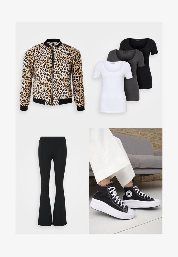 Giacca bomber con stampa leopardata nei colori beige, nero e crema, con chiusura a zip, polsini e orlo a coste. Tessuto morbido con una texture liscia.; Tre T-shirt aderenti in bianco, grigio e nero. Ognuna presenta un ampio scollo a barca e maniche corte. Realizzate in un tessuto morbido e elastico.; Pantaloni neri a zampa d'elefante realizzati in tessuto elasticizzato, con una vita alta e una superficie liscia. I pantaloni si allargano a partire dal ginocchio.; Sneakers nere alte con suole e lacci in gomma bianca. Presentano una toppa con logo rotondo e cuciture a contrasto bianche. Materiale in tela.