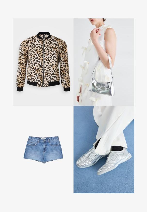 Veste bomber en imprimé léopard dans des teintes beige, noir et crème, avec une fermeture éclair sur le devant, des poignets et un ourlet côtelés. Tissu doux avec une texture lisse.; Maillot de bain une pièce noir avec un décolleté arrondi, design sans coutures et ouvertures de jambes haute coupe, fabriqué dans un tissu lisse et texturé.; Shorts en jean en délavé bleu clair, dotés d'un ourlet effiloché, d'un design classique à cinq poches et d'une fermeture à bouton à l'avant.; Des chaussures de sport argentées avec une finition lisse et brillante, présentant un design cousu et le numéro 90 sur le côté, assorties à un pantalon blanc.; Sac à main métallisé argenté au design structuré, avec une poignée supérieure et un détail en nœud sur le devant. Texture lisse, fini réfléchissant.