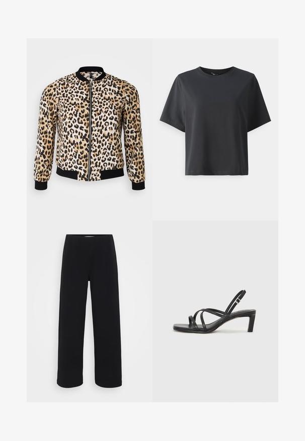 Leopard print bomber jacket in tan, black, and cream with a zip front, ribbed cuffs, and hem. Soft fabric with a smooth texture.; Black cotton t-shirt, short sleeves, crew neck, relaxed fit, smooth texture, simple design, no patterns or accents.; Black wide-leg pants with an elastic waistband. Made from a textured material, featuring a loose fit and straight cut from hips to hem.; Black strappy sandal with a square toe and a low block heel. Features multiple thin straps and an adjustable ankle strap. Made of smooth leather.