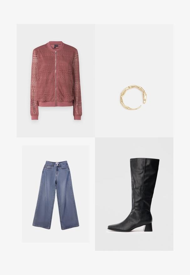 Rožinės spalvos bomber tipo striukė su sudėtingais nėriniais ir užtrauktuku priekyje. Guma prie manžetų ir apačios, suteikianti tekstūrinį dizainą visame gaminyje.; Even&Odd Petite 2 PACK - Paprasti marškinėliai - white/black; Plati kojinės džinsai šviesiai mėlynu wash'u, turintys aukštą liemenį, priekiniais kišenėmis ir mygtukų užsegimu su diržo kilpomis.; Juodas odinis vidutinio ilgio botas su smailiu kojų pirštu ir blokuotu kulnu ant vienspalvio šviesaus fono.; Auksinės spalvos žiedas, turintis organišką, sukimosi dizainą su lygiu paviršiumi ir siaurėjančiais galais, sukuriantis modernią skulptūrinę išvaizdą.