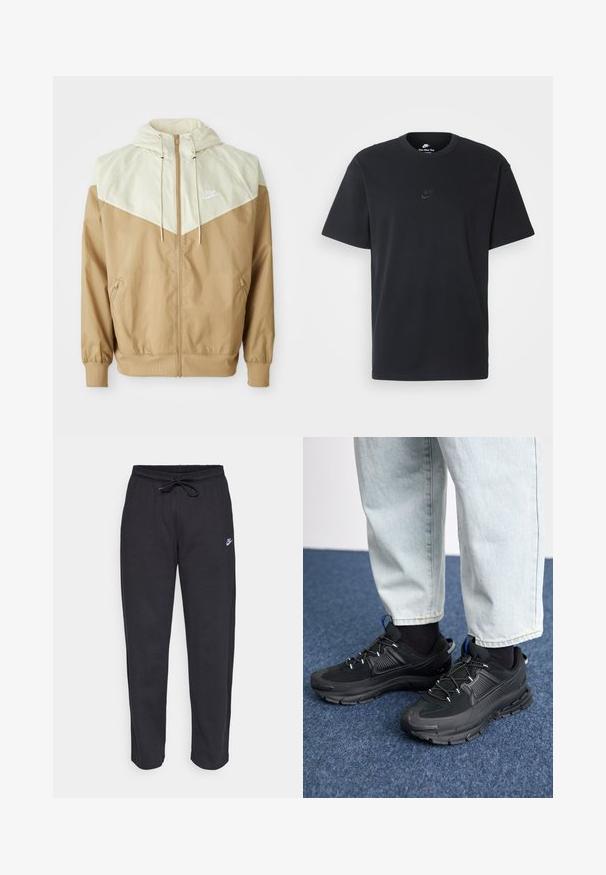 Nike větrovka s béžovým tělem, světlými hnědými panely, kapucí, předním zipem a elastickými manžetami, na hrudi s malým bílým logem.; Černé bavlněné tričko Nike s klasickým kulatým výstřihem, krátkými rukávy a decentně vyraženým logem na hrudi. Hladký povrch.; Černé tepláky vyrobené z měkké tkaniny s elastickým pasem, šňůrkou na stažení a malým logem Nike na levém stehně.; Černé sportovní boty s texturovanou tkaninou a gumovou podrážkou, s elastickými tkaničkami a modrým akcentem na patě. Nosí se s světlými džíny.