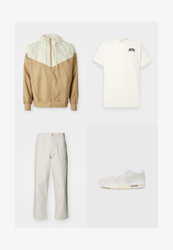 Nike windbreaker jacket featuring a beige body, light tan paneling, hood, front zipper, and elastic cuffs with a small white logo on the chest.; Cream-colored cotton t-shirt with short sleeves, featuring "NIKE SB" in black and red text on the chest. Standard round neckline.; Light beige wide-leg pants made of cotton. Features front pockets and a button closure. Smooth texture with subtle vertical lines.; Sneakers with a light beige synthetic upper, white laces, and visible cushioning. Features a smooth sole and subtle side accents.