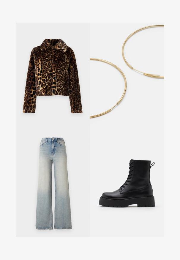 Noisy May NMEVE LEO JACKET - Veste d'hiver - mocha bisque; Vero Moda VMNEWCREAM FUNNELNECK PULLOVER - Pullover - black/birch; Jeans large en denim bleu clair, à taille haute, avec cinq poches et couture visible le long des coutures.; Bottines en cuir noir avec un bout rond, un laçage à l'avant et une épaisse semelle en caoutchouc dotée d'un motif texturé. Tirer au dos.; Boucles d'oreilles en forme de créole dorées, fines et rondes, avec une finition métallique lisse et sans embellissements ni motifs.