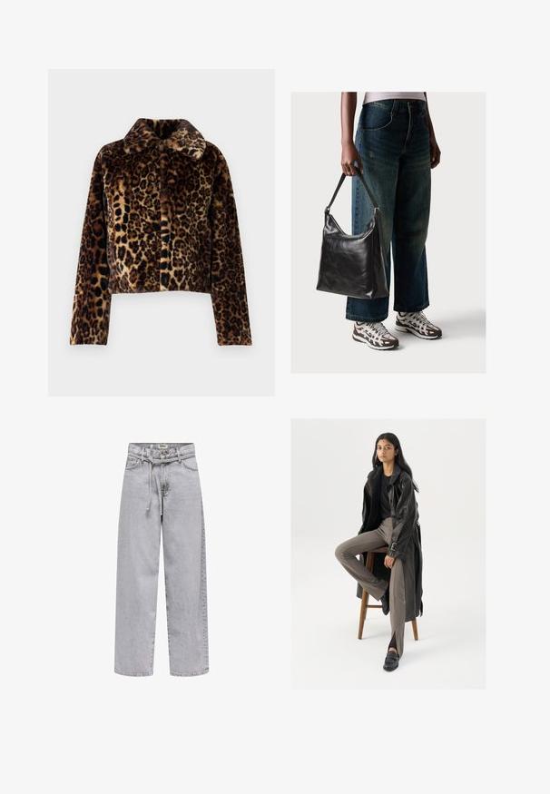 Noisy May NMEVE LEO JACKET - Winter jacket - mocha bisque; Light gray long-sleeve t-shirt made of soft cotton. Features a loose fit, round neckline, and gently gathered cuffs. No patterns or graphics.; Light grey wide-leg jeans made from denim, featuring a traditional waist with a belt loop, front button closure, and side pockets.; Black leather trench coat with buttons and belt detail, paired with light brown fitted pants and black loafers, seated on a wooden stool.; Black leather shoulder bag with a smooth texture and adjustable strap, paired with faded wide-leg jeans and athletic sneakers.