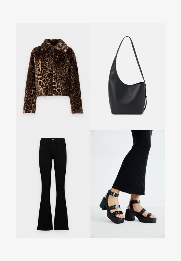 Noisy May NMEVE LEO JACKET - Téli dzseki - mocha bisque; Fekete pamut póló rövid ujjakkal, bal mellkason egy kis rózsaszín pillangó grafikával. Kerek nyakú kialakítás, laza fazonnal.; Fekete, magas derekú farmernadrág gomb- és cipzárzárral, elülső zsebekkel és harangszárral, laposan egy fehér háttérre terítve.; Fekete platform szandálok vastag, barázdált talppal és több pánttal, fém csatokkal, sima bőrhatású textúrával.; Fekete bőr hobo táska sima textúrával, ívelt formával és egyetlen állítható pánttal; széles nyílás található a tetején.